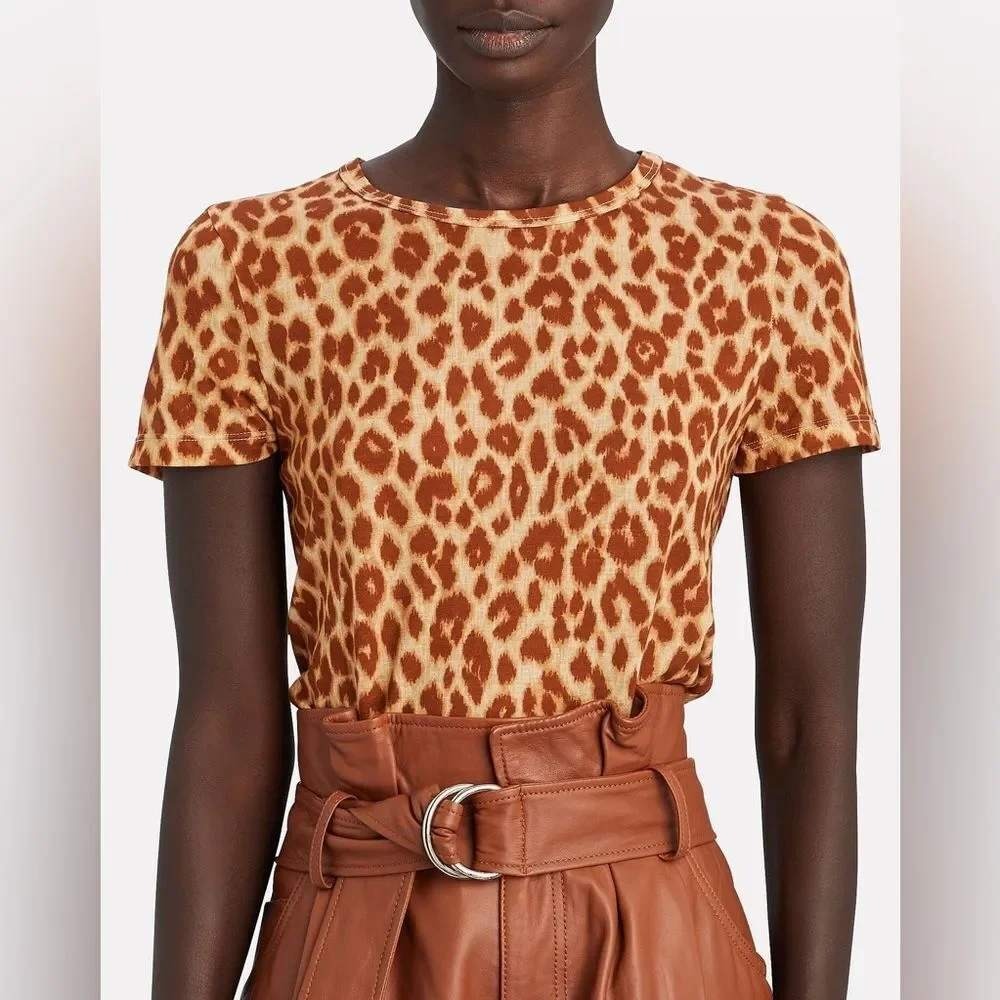 A.L.C. Leopard Print Cotton T-Shirt Brown Tan Animal Print Crew Neck XS Made USA